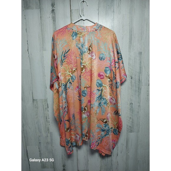 CHICO'S Orange Satin Coral Reef Seashell Print Kimono Top Beaded Trim Sz L/XL - Picture 6 of 6